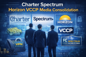 A digital illustration showing Charter Spectrum, Horizon Media, and VCCP media consolidation, with corporate branding, advertising charts, and telecom strategy visuals.
