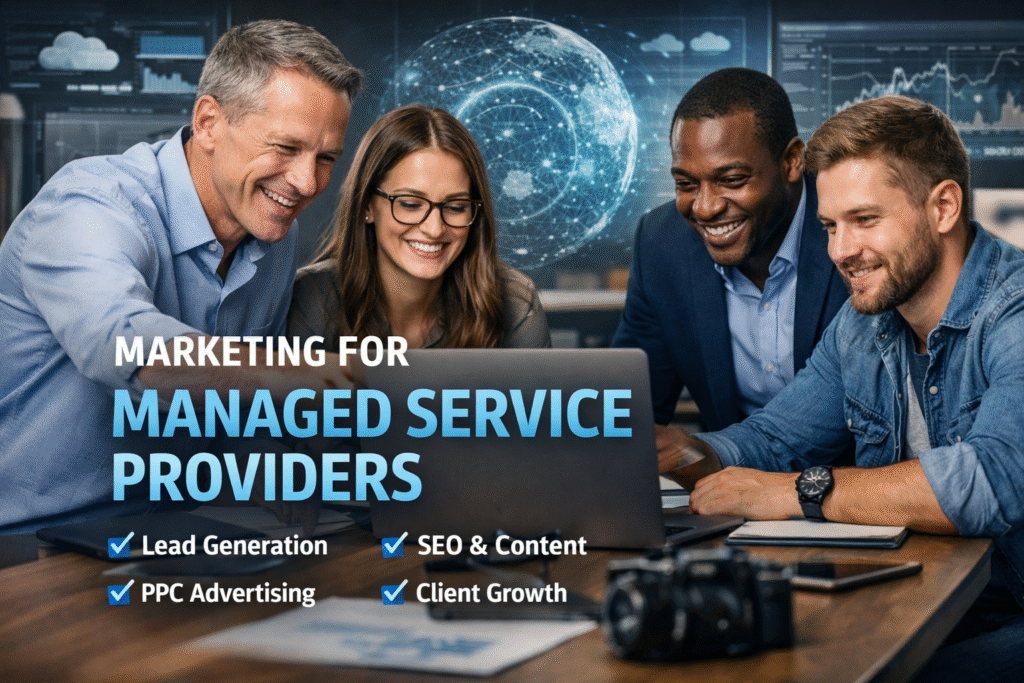 Marketing for managed service providers showing a professional MSP team planning digital marketing, SEO, and lead generation strategies