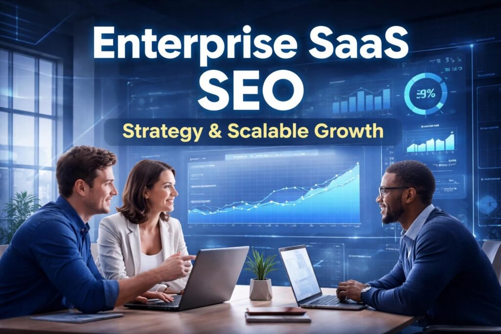 Enterprise SaaS SEO feature image showing strategy, framework, and content marketing for scalable organic growth