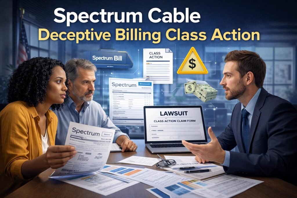 A realistic digital illustration showing Spectrum cable deceptive billing, highlighting class action lawsuit, claim forms, and customer complaints.