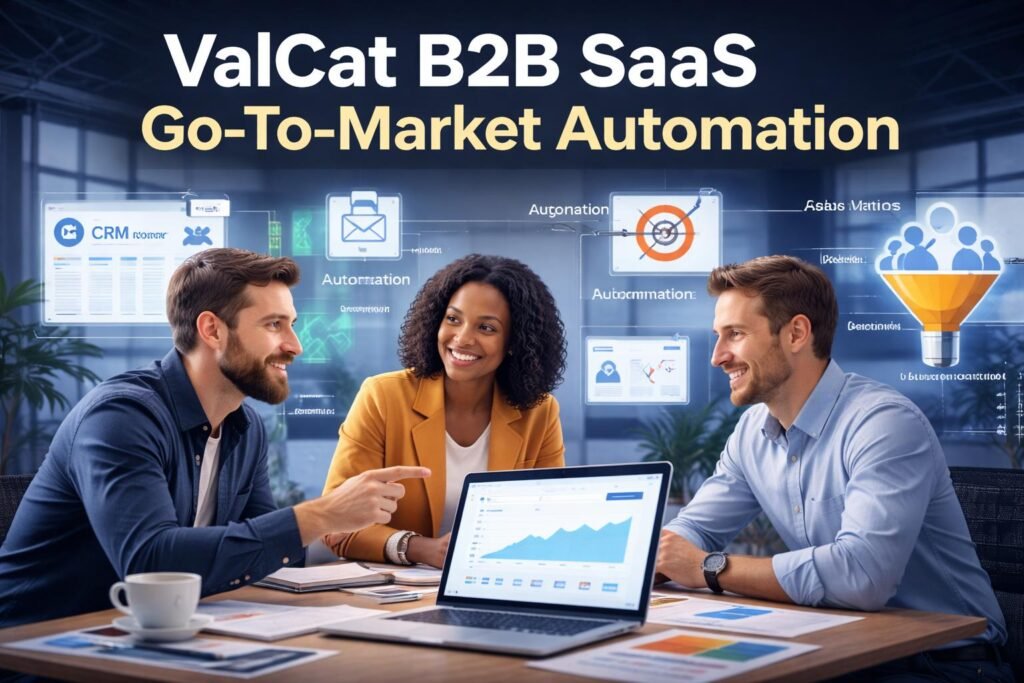 A professional digital illustration showing B2B SaaS go-to-market automation with marketing, sales, and analytics dashboards, highlighting strategy and automation workflows