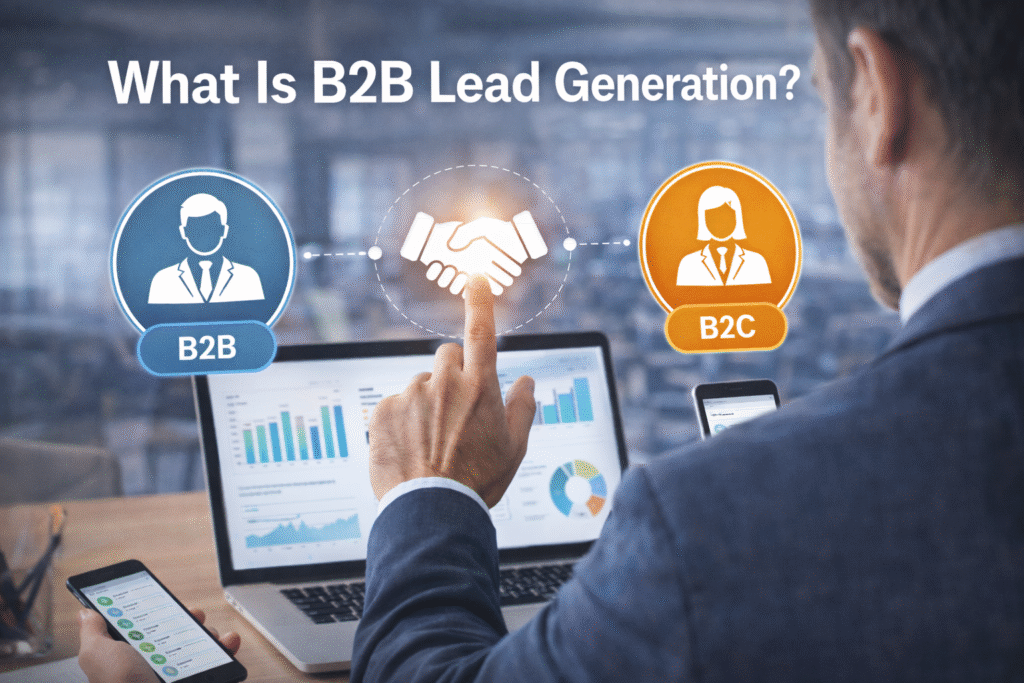 Businessman using laptop and smartphone for B2B lead generation with glowing handshake icon connecting B2B and B2C in a modern office