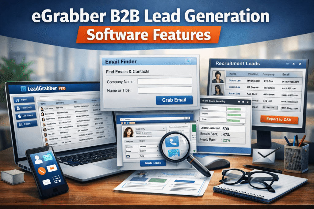 eGrabber B2B lead generation software features showing lead grabber, email prospecting, and B2B data extraction tools