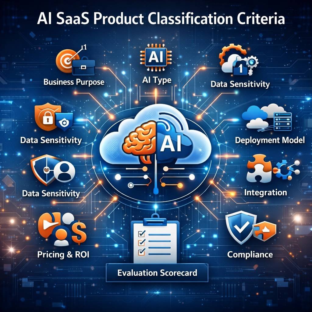 Illustration of AI SaaS product classification framework showing 12 key criteria for business decision-making, risk management, and ROI optimization.