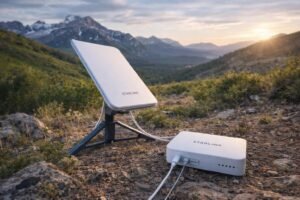 GX460 Starlink Mini portable satellite internet device providing broadband in remote outdoor location