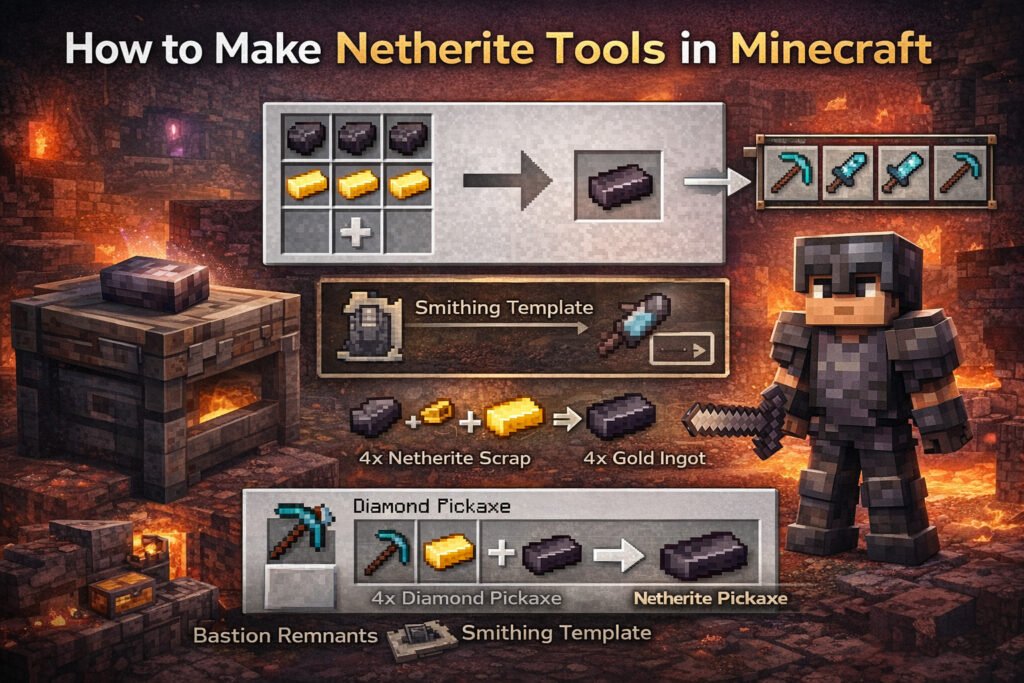 How to make Netherite tools in Minecraft using diamond tools, Netherite ingots, and a smithing table
