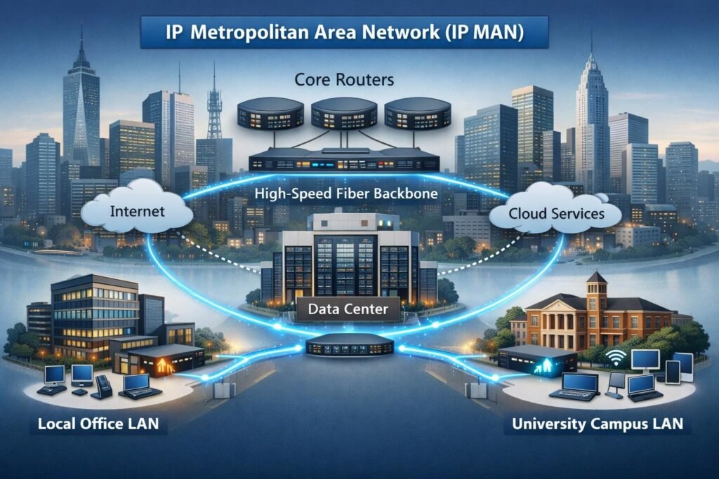 IP Metropolitan Area Network architecture connecting multiple city LANs through fiber backbone