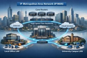 IP Metropolitan Area Network architecture connecting multiple city LANs through fiber backbone