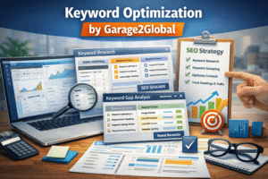 Keyword optimization by Garage2Global showing SEO keyword research, keyword grouping, and ranking strategy