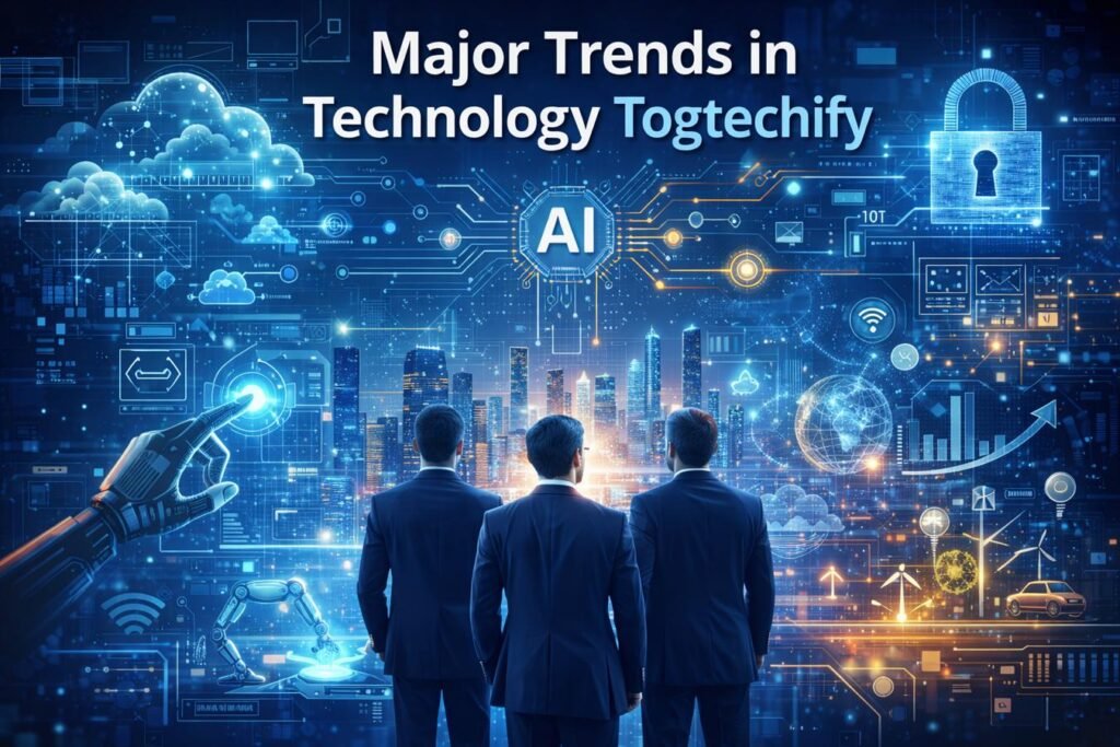 Futuristic digital technology concept showing AI, cloud, data networks, automation, and emerging tech trends shaping modern innovation