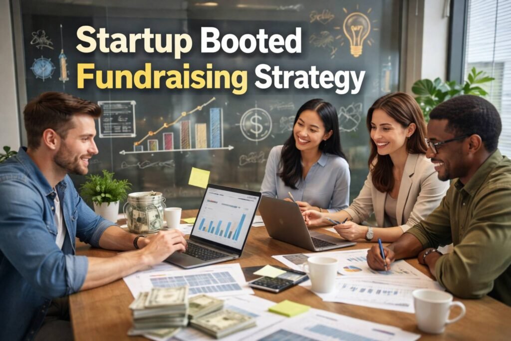 Startup team discussing a booted fundraising strategy focused on revenue growth, financial discipline, and sustainable scaling