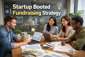 Startup team discussing a booted fundraising strategy focused on revenue growth, financial discipline, and sustainable scaling
