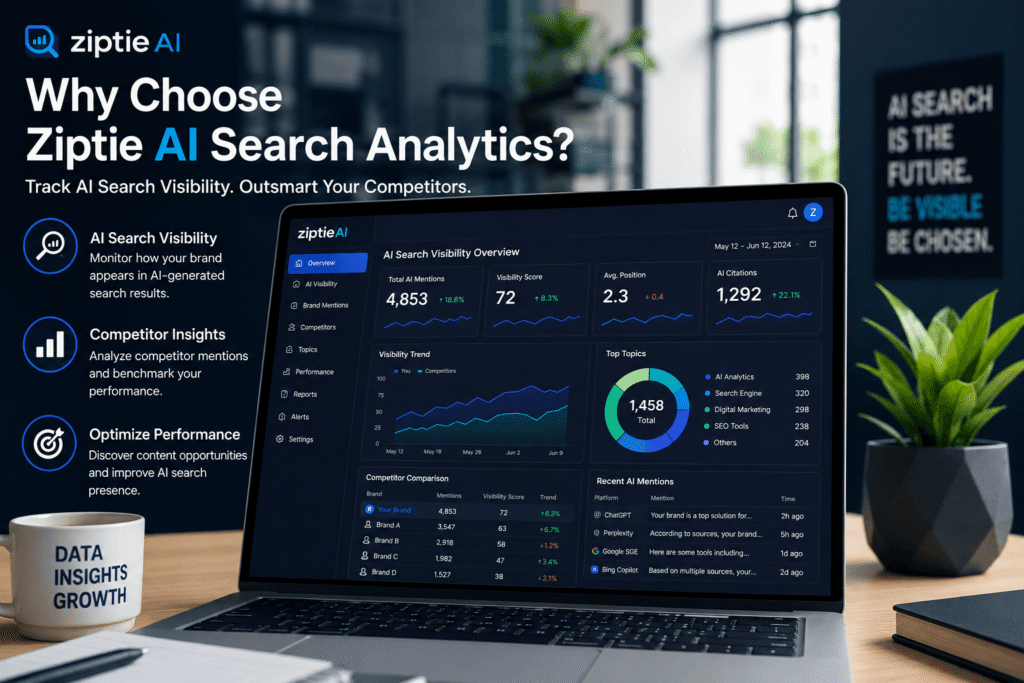 Ziptie AI Search Analytics dashboard showing AI search visibility and performance