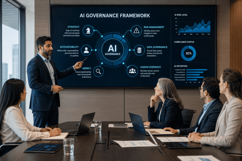 AI transformation governance strategy with business leaders managing artificial intelligence