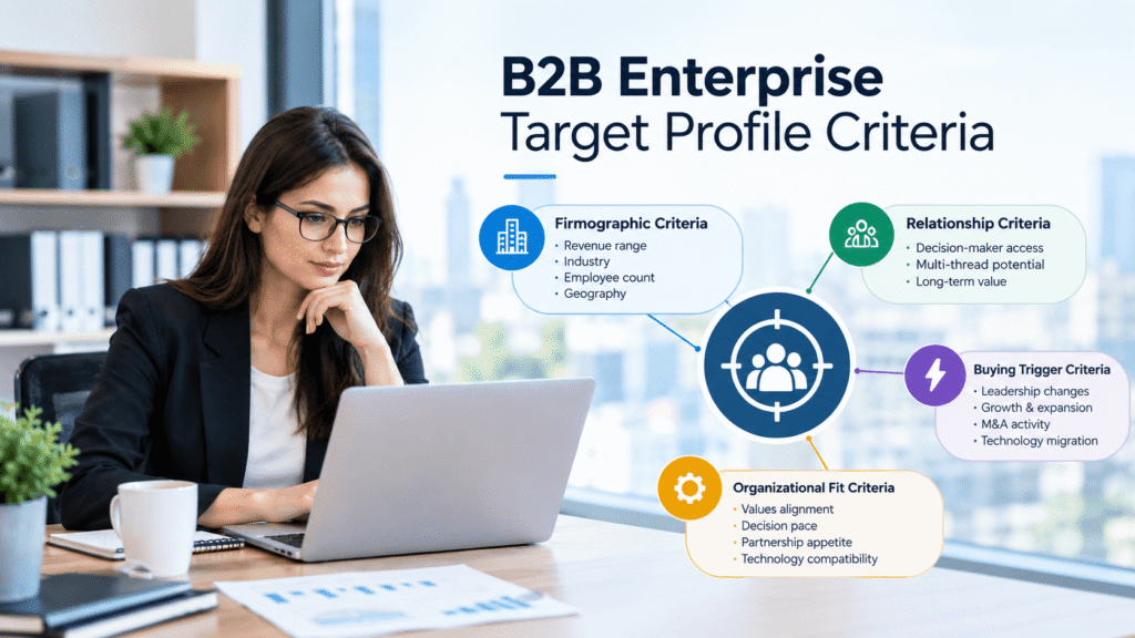 B2B enterprise target profile criteria showing firmographics, buying triggers, relationship factors, and organizational fit