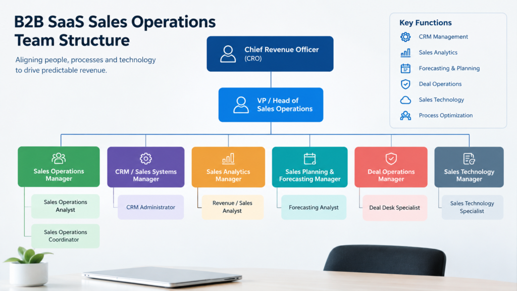 B2B SaaS sales operations team structure showing sales roles, CRM systems, analytics, and revenue operations