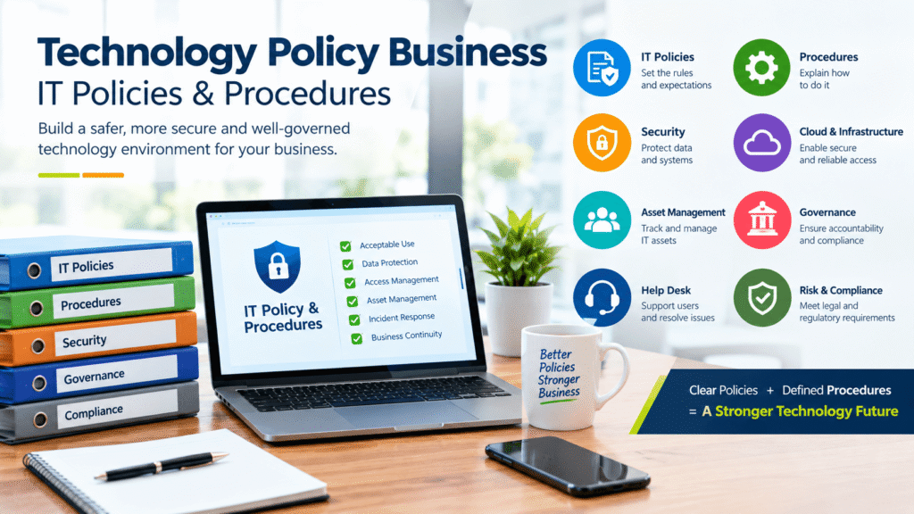 Technology policy business showing IT policies, procedures, security, and governance